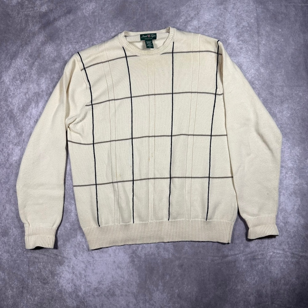 David Taylor Mens M Cream Windowpane Cotton Knit Crewneck Sweater Grandpacore